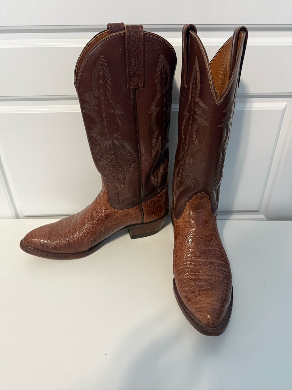 Vintage Lucchese Two-Tone Brown Leather Cowboy Boots. Men’s 7 Women’s 9